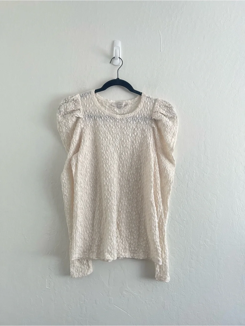 Loft Lace Pleated Puff Sleeve Top Dainty Cream Long Sleeve Blouse Womens Medium